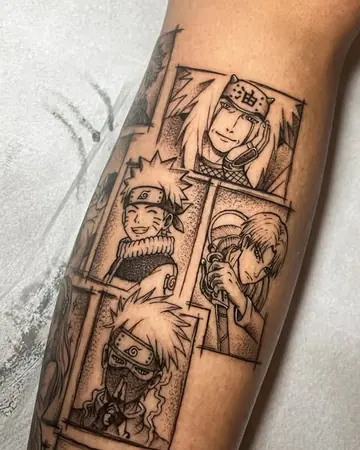 Antebraço com painéis de mangá de Naruto em preto e pontilhado