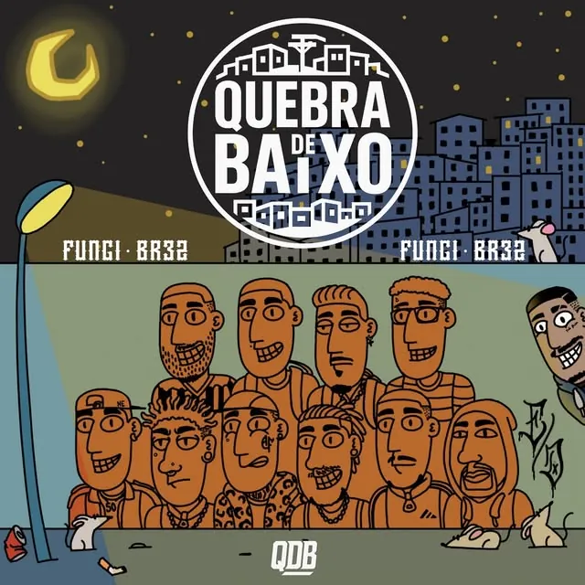 Capa do disco Quebrada de Baixo: ilustração dos integrantes da QDB sob um poste, com prédios e lua ao fundo